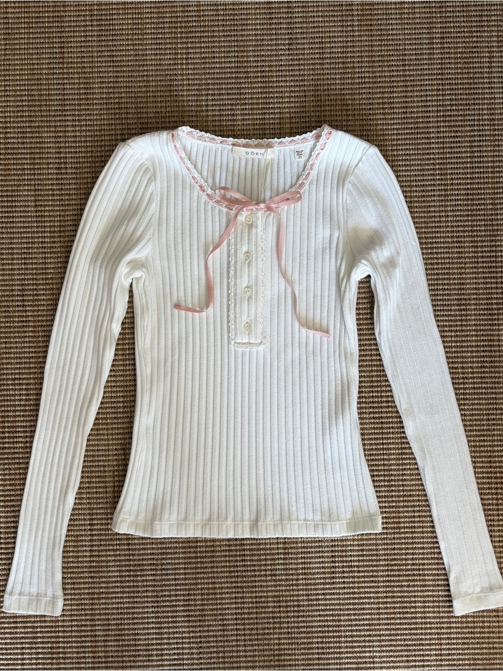 NWT Doen Lidie Cotton Bow Ribbon Lace Button Henley Tee Top Salt White Pink